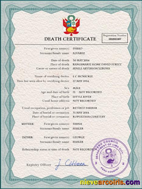 Peru death certificate